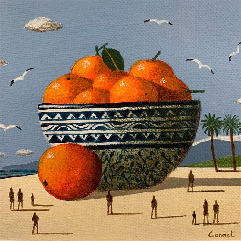 Peinture Oranges sur la plage par Lionnet Pascal | Tableau Surréaliste Acrylique natures mortes minimaliste