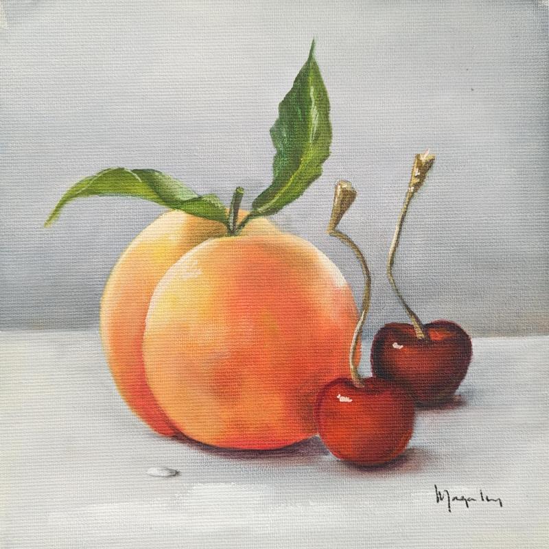 Painting peach & cherries by Gouveia Magaly  | Painting Realism Oil Pop icons, Still-life