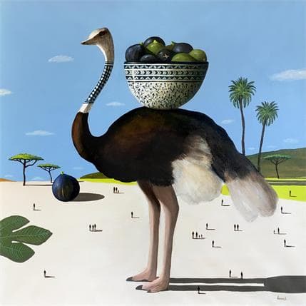 Painting Autruche et figues by Lionnet Pascal | Painting Surrealist Oil Animals