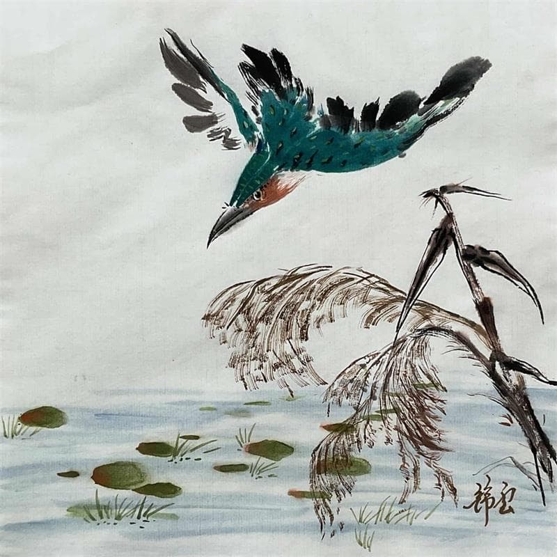 Gemälde Martin-pêcheur von Tayun | Gemälde Figurativ Tinte Pop-Ikonen, Tiere