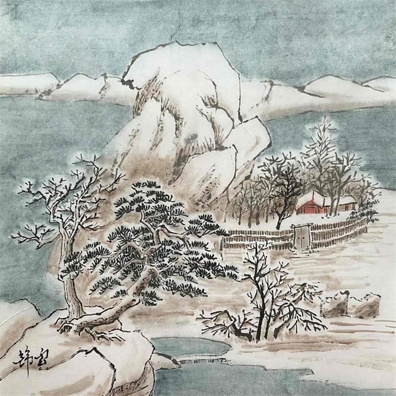 Painting Île en hiver by Tayun | Painting Figurative Watercolor Landscapes