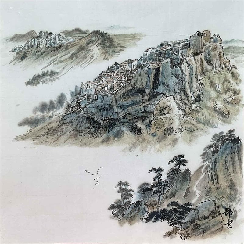 Gemälde Les Alpilles von Tayun | Gemälde Figurativ Tinte Landschaften