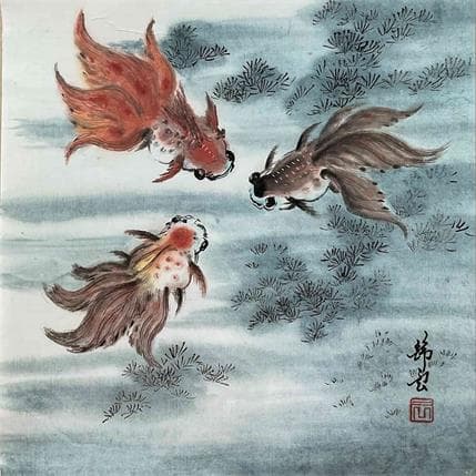 Peinture Poissons rouges par Tayun | Tableau Figuratif Encre animaux