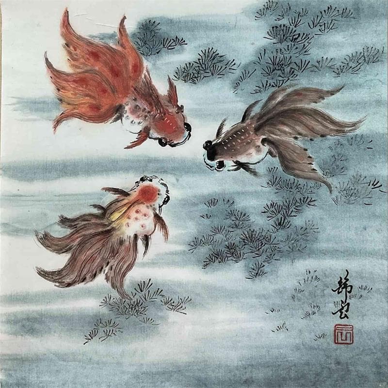 Gemälde Poissons rouges von Tayun | Gemälde Figurativ Tiere Tinte