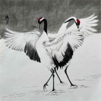 Painting Danse de grues  by Tayun | Painting Figurative Watercolor Animals