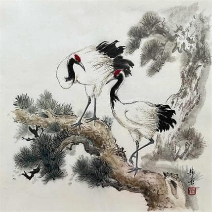 Peinture Deux grues par Tayun | Tableau Figuratif Aquarelle animaux