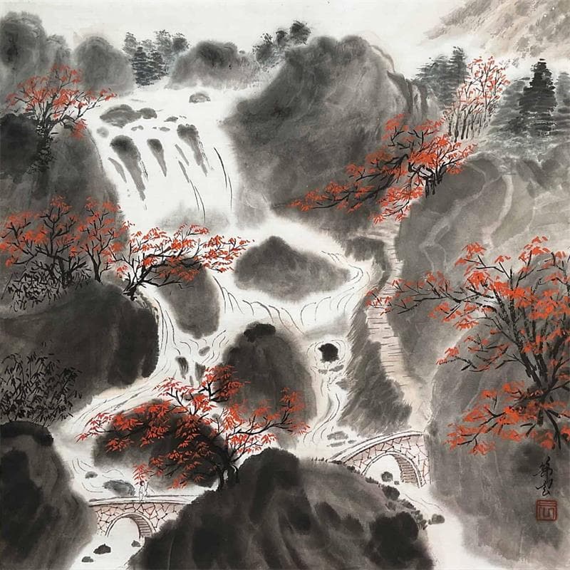 Painting Montagne noire et eaux blanches by Tayun | Painting Figurative Ink Landscapes