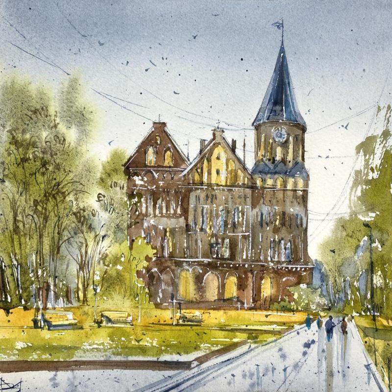 Peinture Koenigsberg cathedral par Volynskih Mariya  | Tableau Figuratif Paysages Urbain Architecture Aquarelle