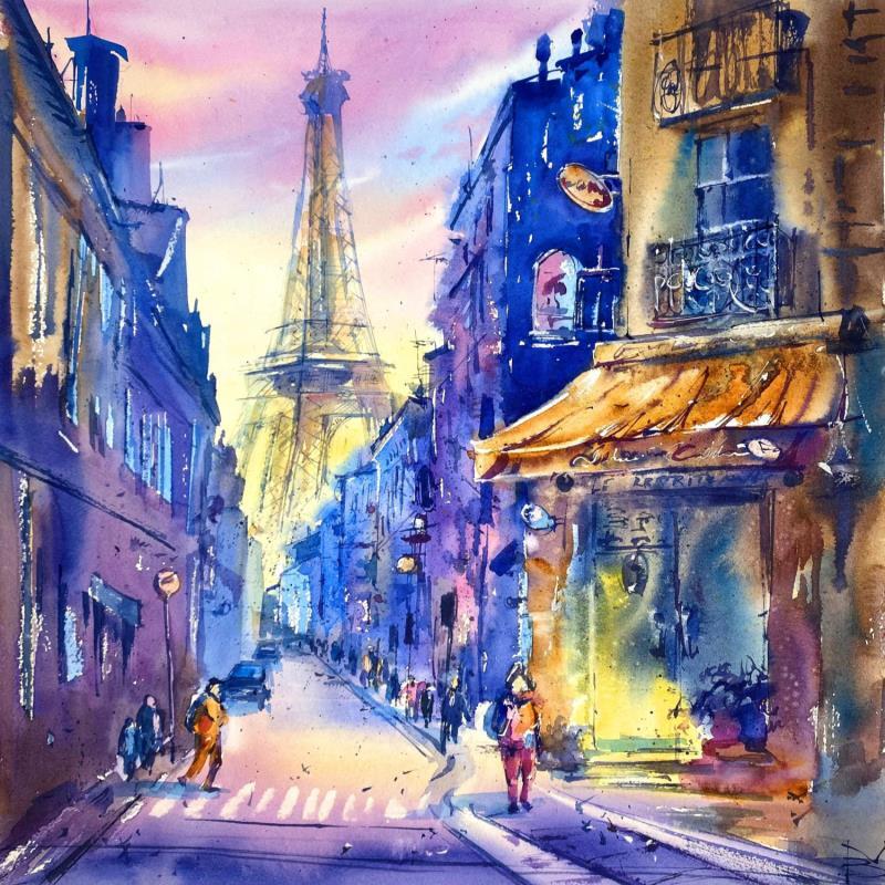 Painting Evening in Paris by Volynskih Mariya  | Painting Figurative Watercolor Architecture, Landscapes, Urban