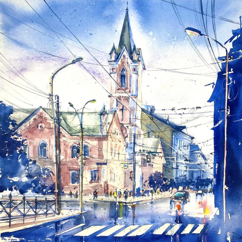 Painting Lutheran kirch by Volynskih Mariya  | Painting Figurative Watercolor Architecture, Landscapes, Urban