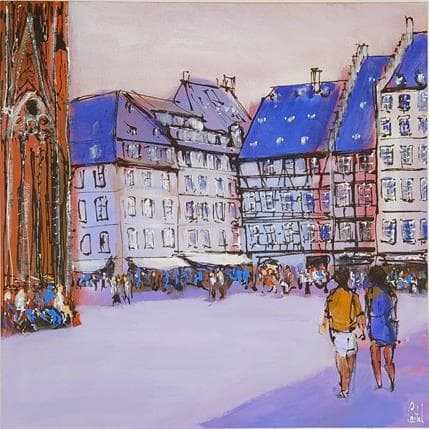 Peinture Strasbourg, Place de la Cathédrale n°109 par Castel Michel | Tableau Figuratif Acrylique Paysages