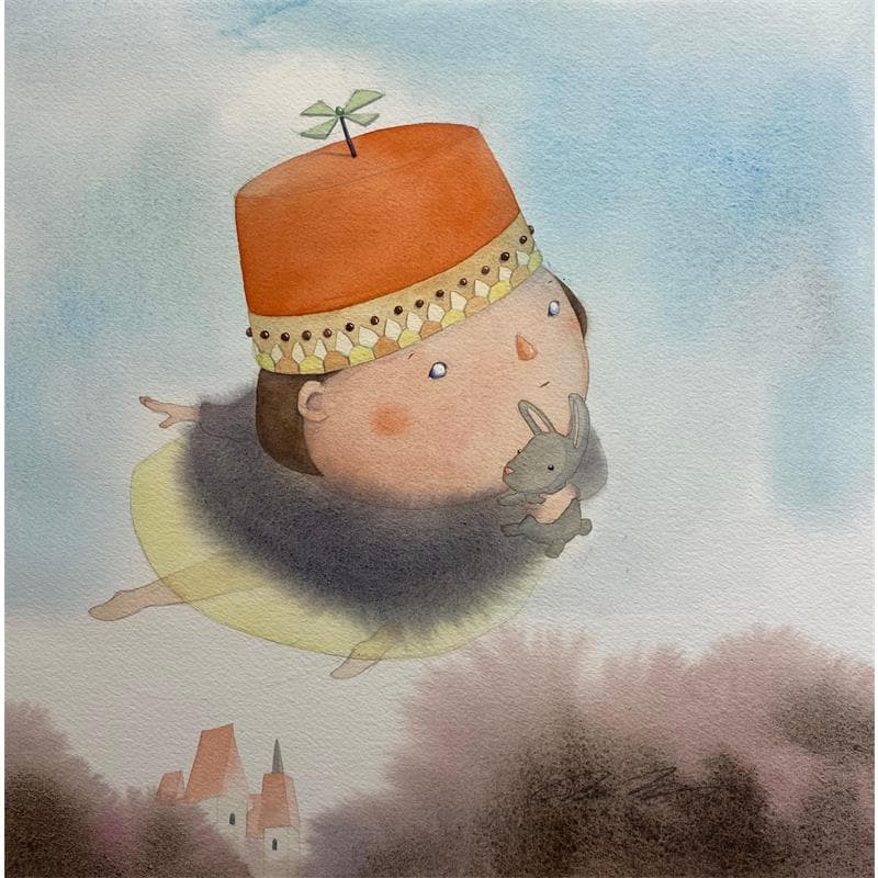 Painting Flying girl with a red hat by Masukawa Masako | Painting Naive art Watercolor Life style