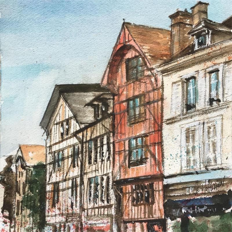 Painting Troyes 87 Colombages by Hoffmann Elisabeth | Painting Figurative Urban Watercolor