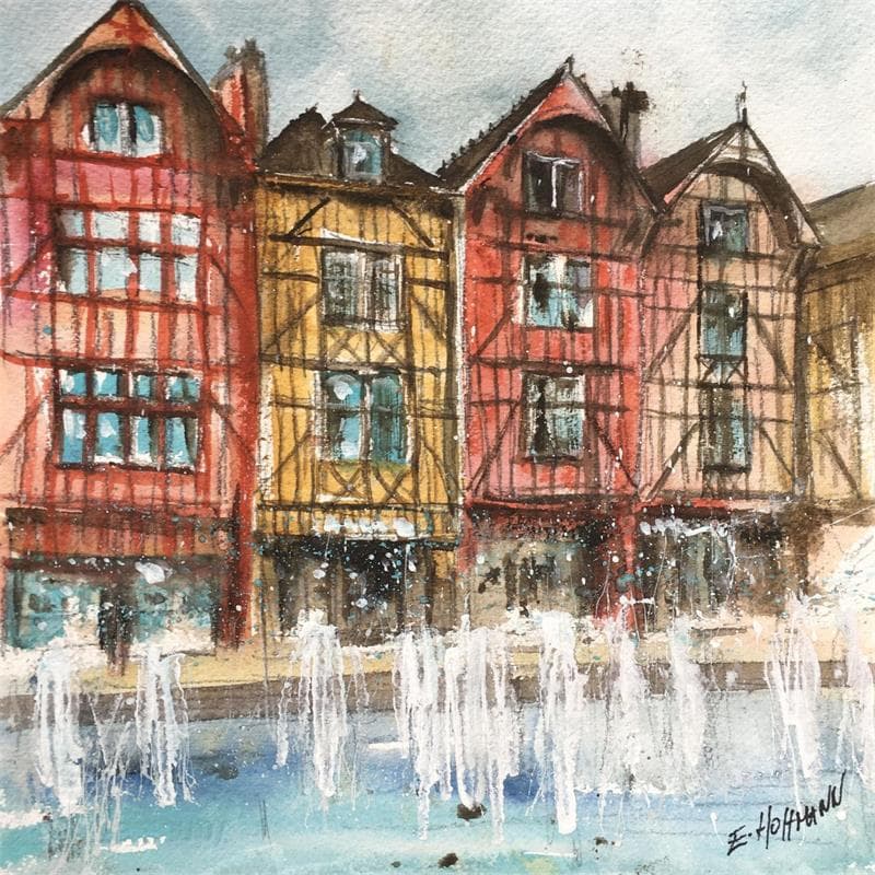 Painting Troyes 93 colombages by Hoffmann Elisabeth | Painting Figurative Urban Watercolor