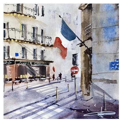 Painting Paris et le drapeau Français by Kévin Bailly | Painting Figurative Watercolor Urban