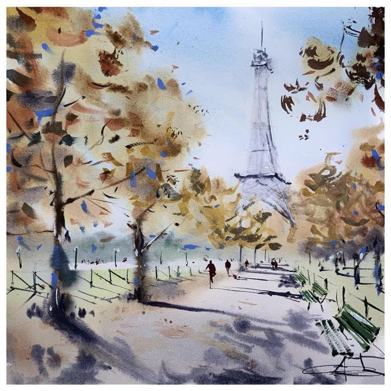 Painting Chemin de la tour Eiffel by Kévin Bailly | Painting Figurative Watercolor Urban