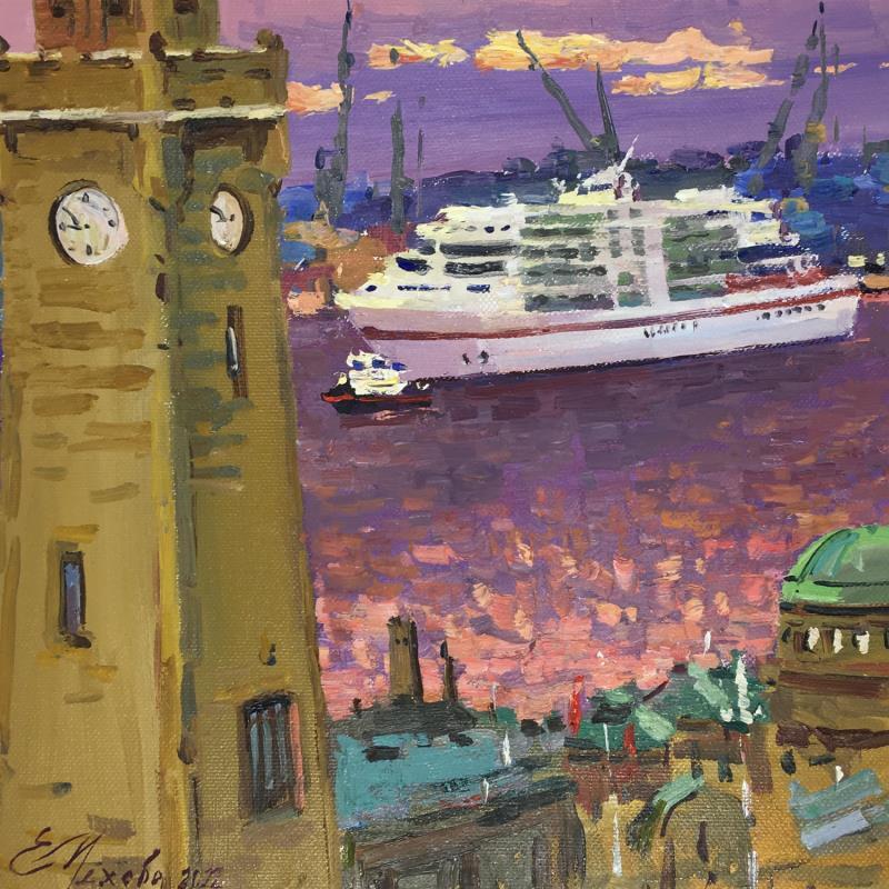 Gemälde The ship enters the harbor von Mekhova Evgeniia | Gemälde Figurativ Marine Öl