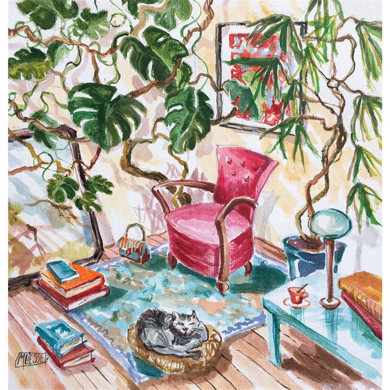 Gemälde Le fauteuil rose du salon  von Bertre Flandrin Marie-Liesse | Gemälde Figurativ Acryl Alltagsszenen
