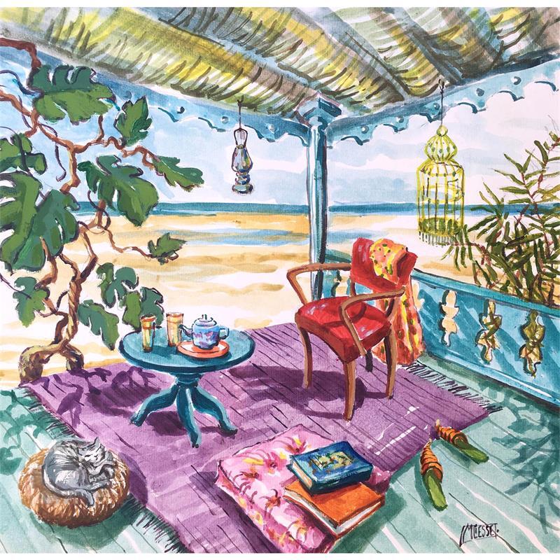 Gemälde Le thé à la menthe sur la plage von Bertre Flandrin Marie-Liesse | Gemälde Figurativ Acryl Alltagsszenen, Marine