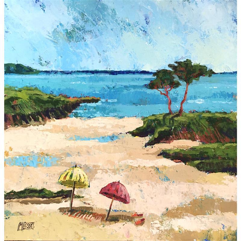 Peinture Petite plage aux deux pins-parasols par Bertre Flandrin Marie-Liesse | Tableau Figuratif Paysages Marine Acrylique