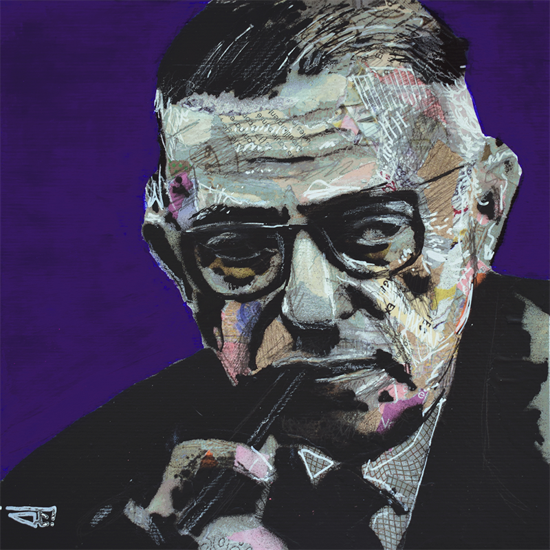 Gemälde Jean-Paul Sartre von G. Carta | Gemälde Pop-Art Pop-Ikonen Graffiti Acryl Collage