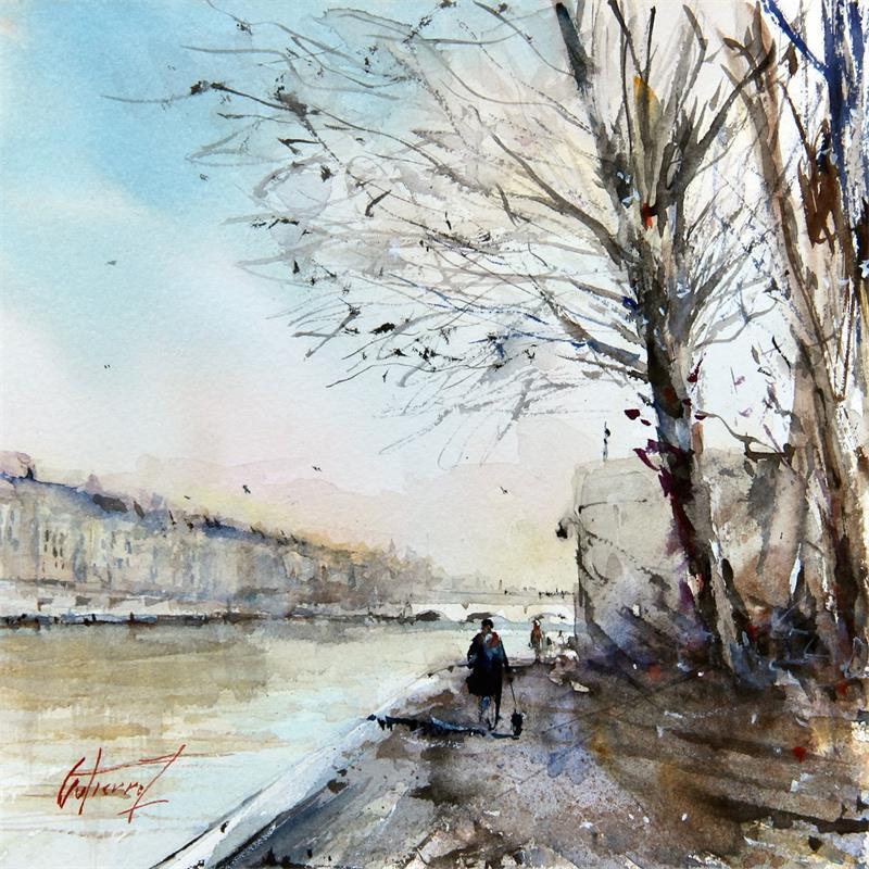 Peinture La balade - La Seine par Gutierrez | Tableau Art naïf Paysages Aquarelle