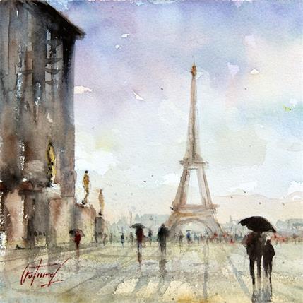 Painting Pluie sur le Trocadéro by Gutierrez | Painting Figurative Watercolor Pop icons, Urban