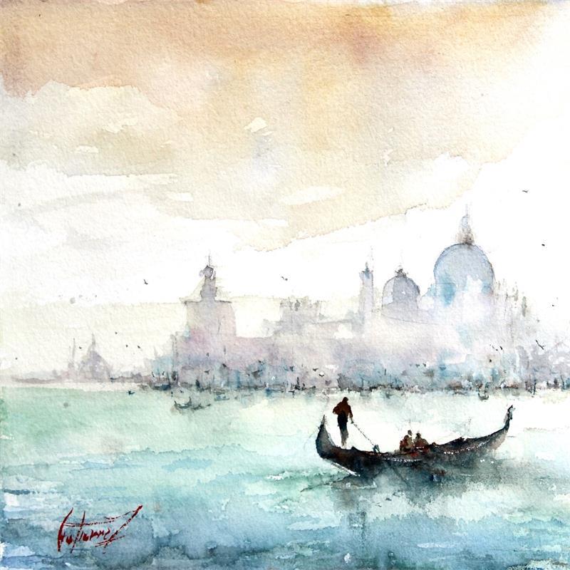 Peinture Le gondolier par Gutierrez | Tableau Figuratif Paysages Marine Aquarelle