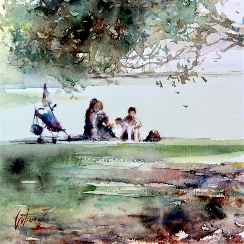 Peinture Famille au parc par Gutierrez | Tableau Figuratif Aquarelle scènes de vie