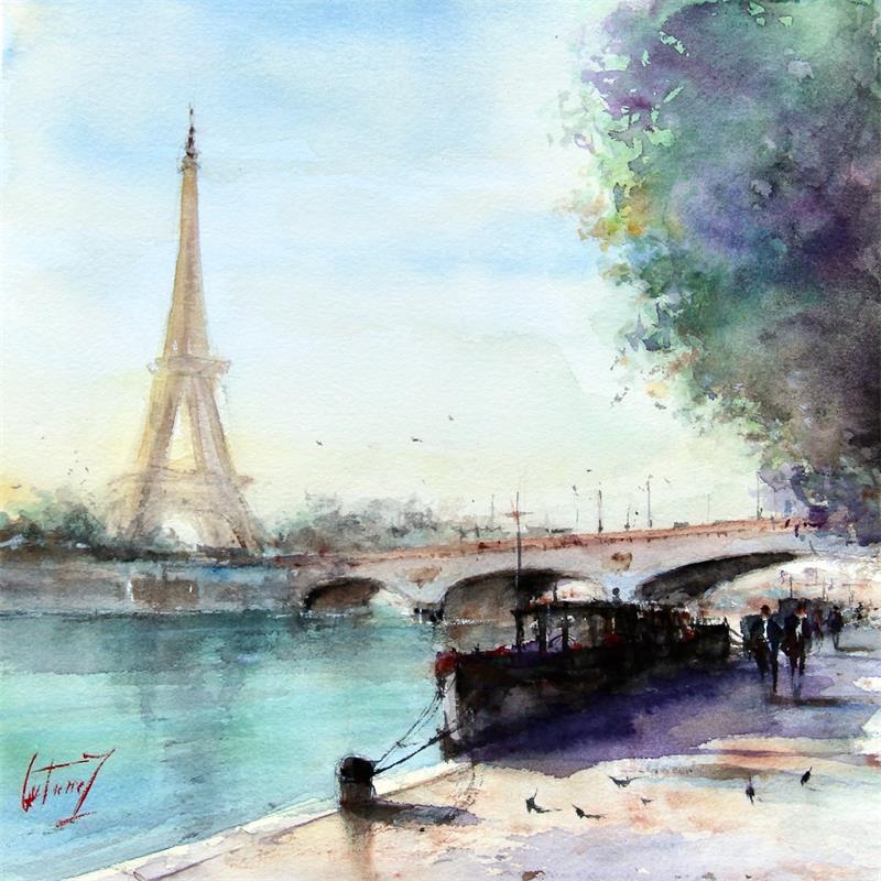 Peinture Sur les bords de la Seine par Gutierrez | Tableau Figuratif Urbain Aquarelle