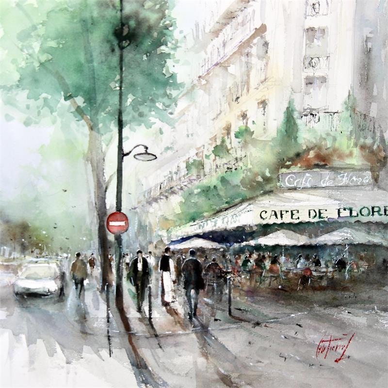 Peinture Le café de Flore - Paris par Gutierrez | Tableau Impressionnisme Aquarelle Urbain