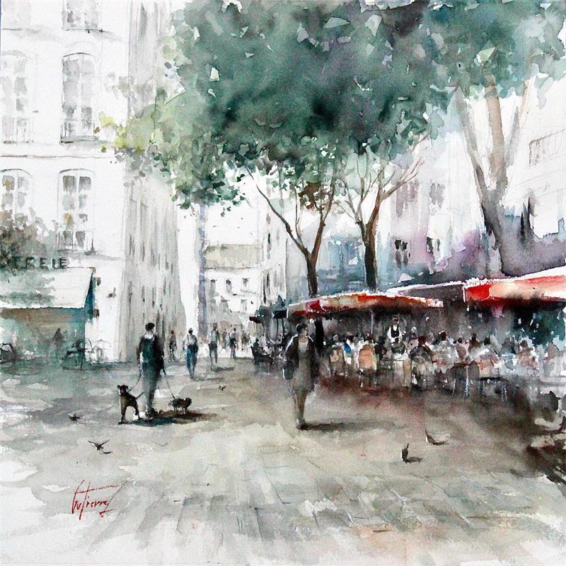 Peinture Terrasses des bistrots - Paris par Gutierrez | Tableau Impressionnisme Urbain Aquarelle