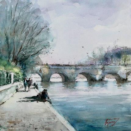 Peinture Flâneries sur les quais - Paris par Gutierrez | Tableau Impressionnisme Aquarelle Paysages, Urbain
