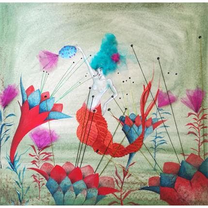 Peinture La sirène qui écoutait les fleurs par Nai | Tableau Illustration Mixte