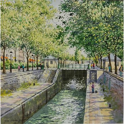 Painting Paris, le canal St-Martin by Decoudun Jean charles | Painting Figurative Watercolor Landscapes, Life style, Urban