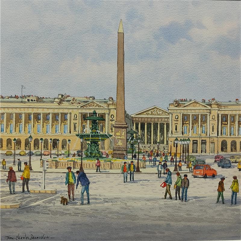 Painting Paris, place de la Concorde et la Madeleine by Decoudun Jean charles | Painting Figurative Landscapes Urban Life style Watercolor