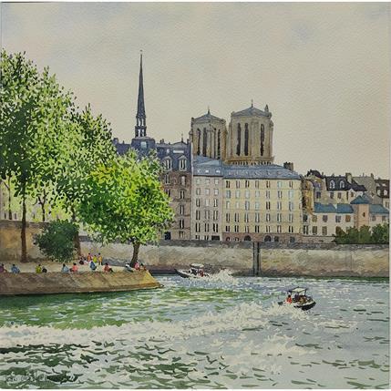 Painting Paris, île St-Louis, île de la Cité by Decoudun Jean charles | Painting Figurative Watercolor Landscapes, Life style, Urban