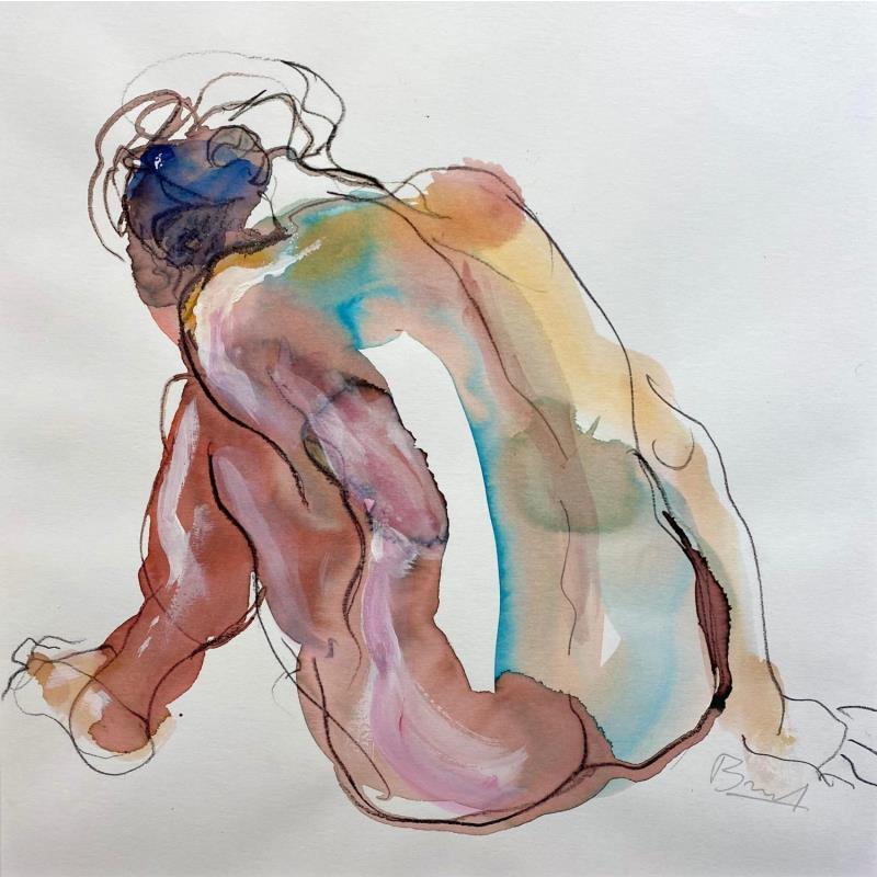 Painting Pia, dos bleu et rose by Brunel Sébastien | Painting Figurative Watercolor Nude