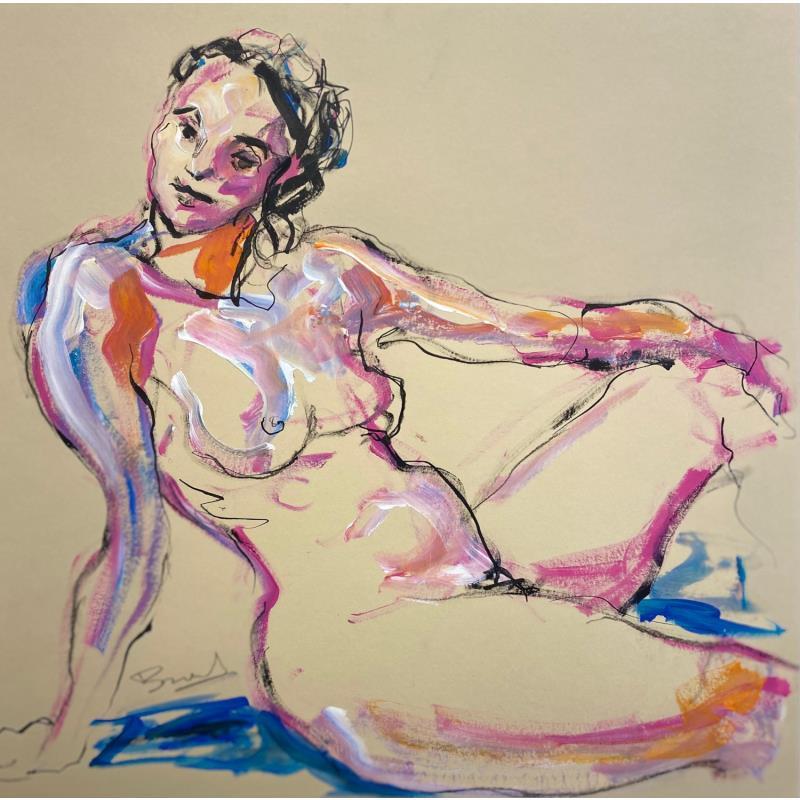 Painting Méline appuyée sur un bras by Brunel Sébastien | Painting Figurative Watercolor Nude