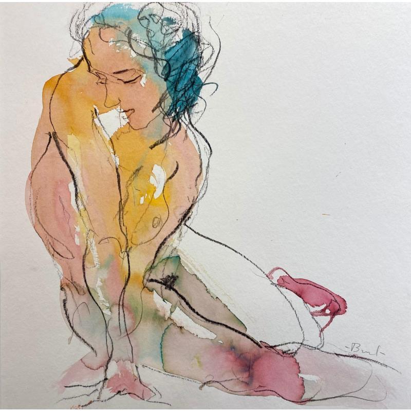 Painting Charlotte en appui sur les bras by Brunel Sébastien | Painting Figurative Nude Watercolor