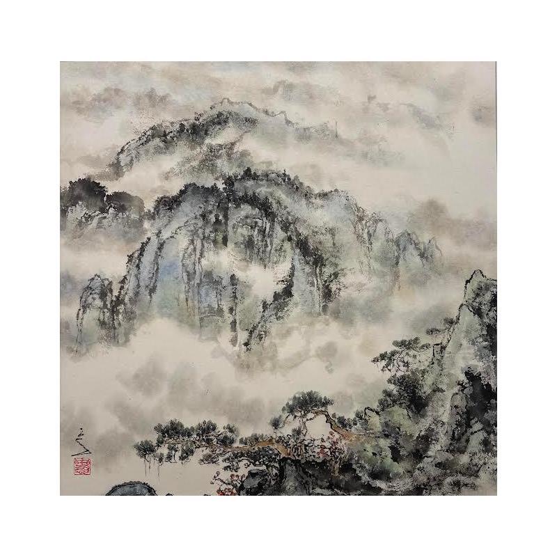 Painting Mountains in the clouds by Sanqian | Painting Naive art Landscapes
