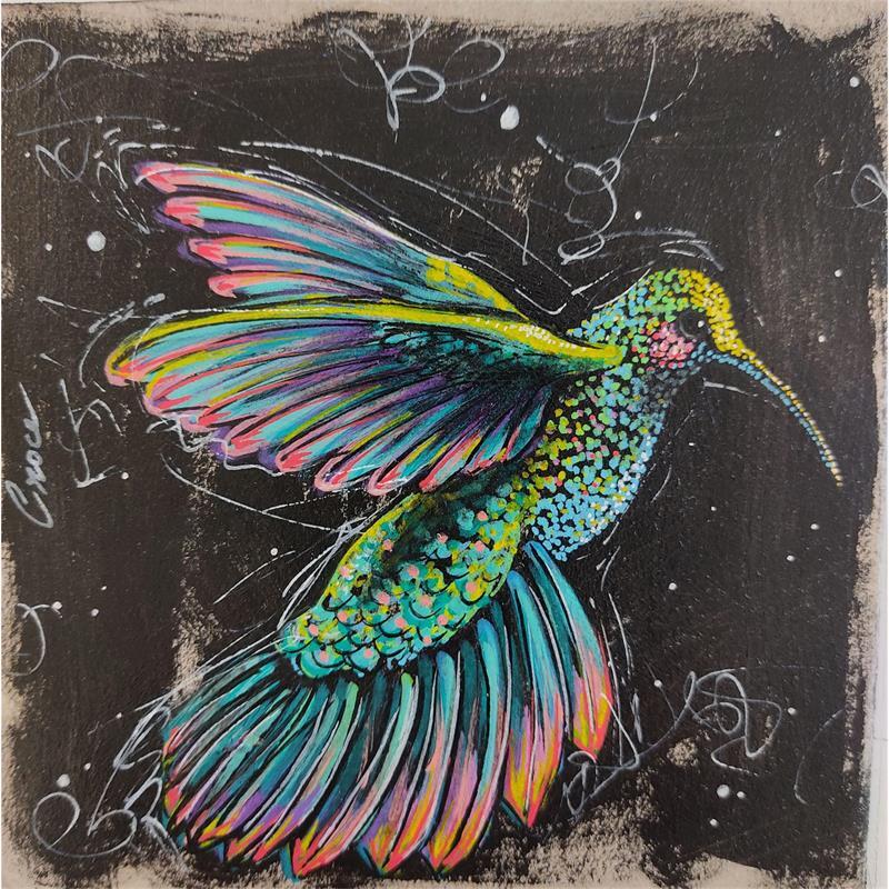 Painting Colibri de nuit by Croce | Painting Figurative Acrylic, Cardboard Animals