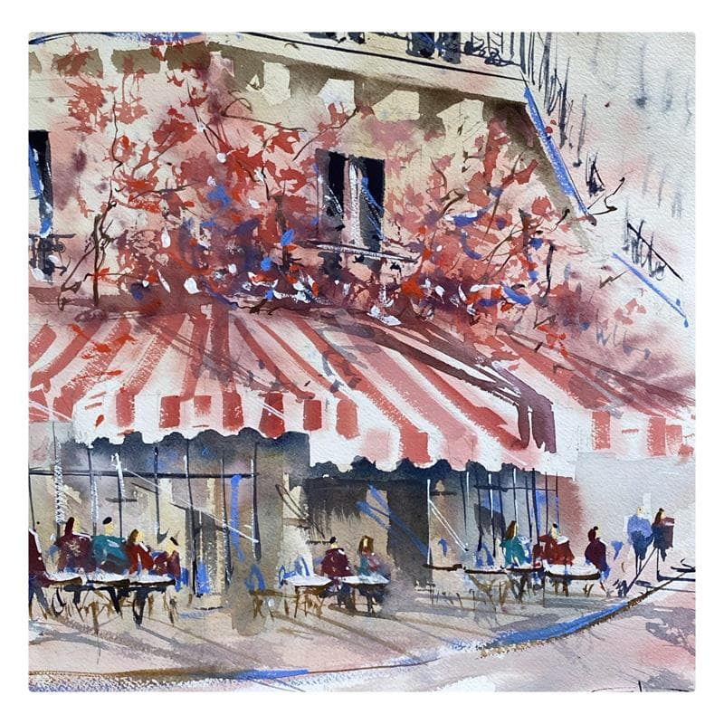Gemälde Café parisien en fleur von Bailly Kévin  | Gemälde Figurativ Aquarell Urban