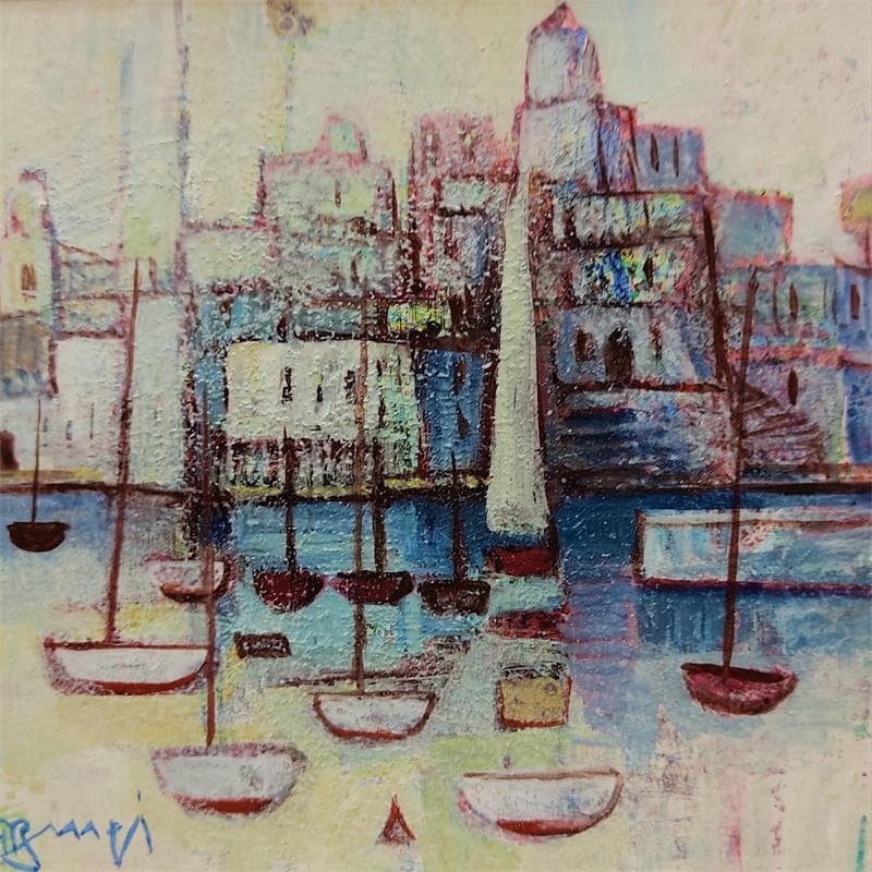Painting AN124 Le petit port bleu by Burgi Roger | Painting Raw art Acrylic Landscapes Urban Marine