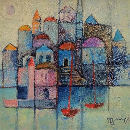 Painting A039 Ville bleue II by Burgi Roger | Painting Raw art Landscapes, Marine, Urban