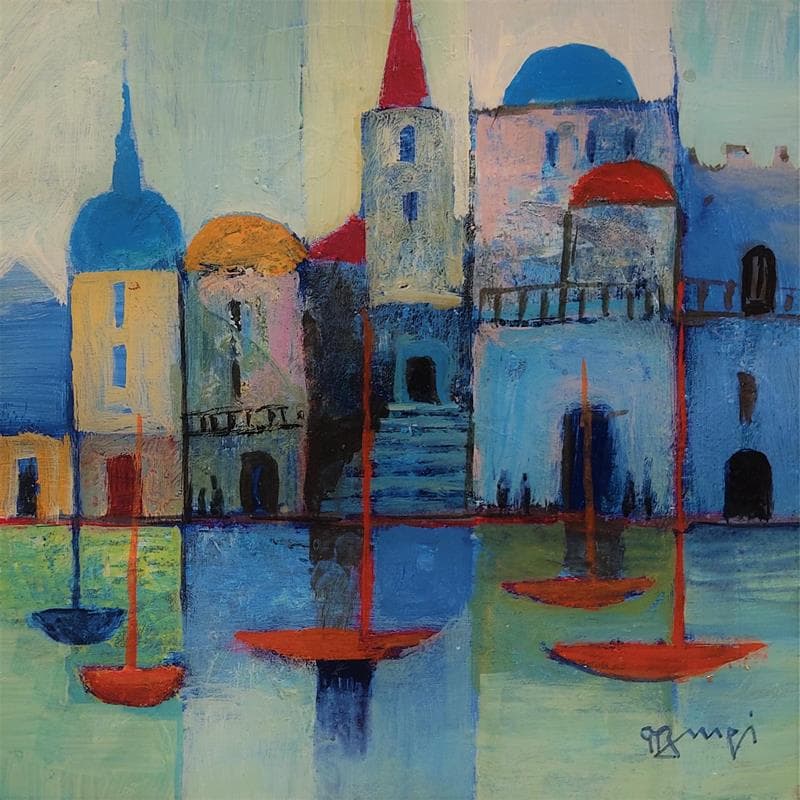 Painting A034 La ville Bleue by Burgi Roger | Painting Raw art Urban Marine Acrylic