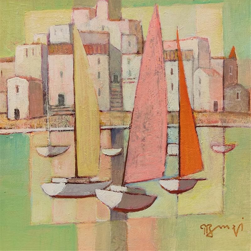 Painting A035 Les trois voiles by Burgi Roger | Painting Figurative Landscapes Urban Marine Acrylic