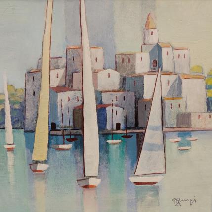 Painting AN145 Village bleu by Burgi Roger | Painting Figurative Acrylic Landscapes, Marine