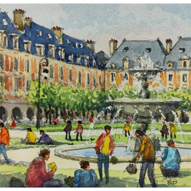 Peinture Paris, la place des Vosges par Decoudun Jean charles | Tableau Figuratif Aquarelle Vues urbaines scènes de vie