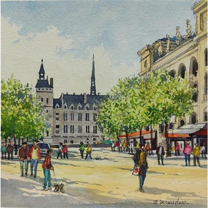 Peinture Paris, Place du Chatelet par Decoudun Jean charles | Tableau Figuratif Aquarelle Paysages, scènes de vie, Vues urbaines